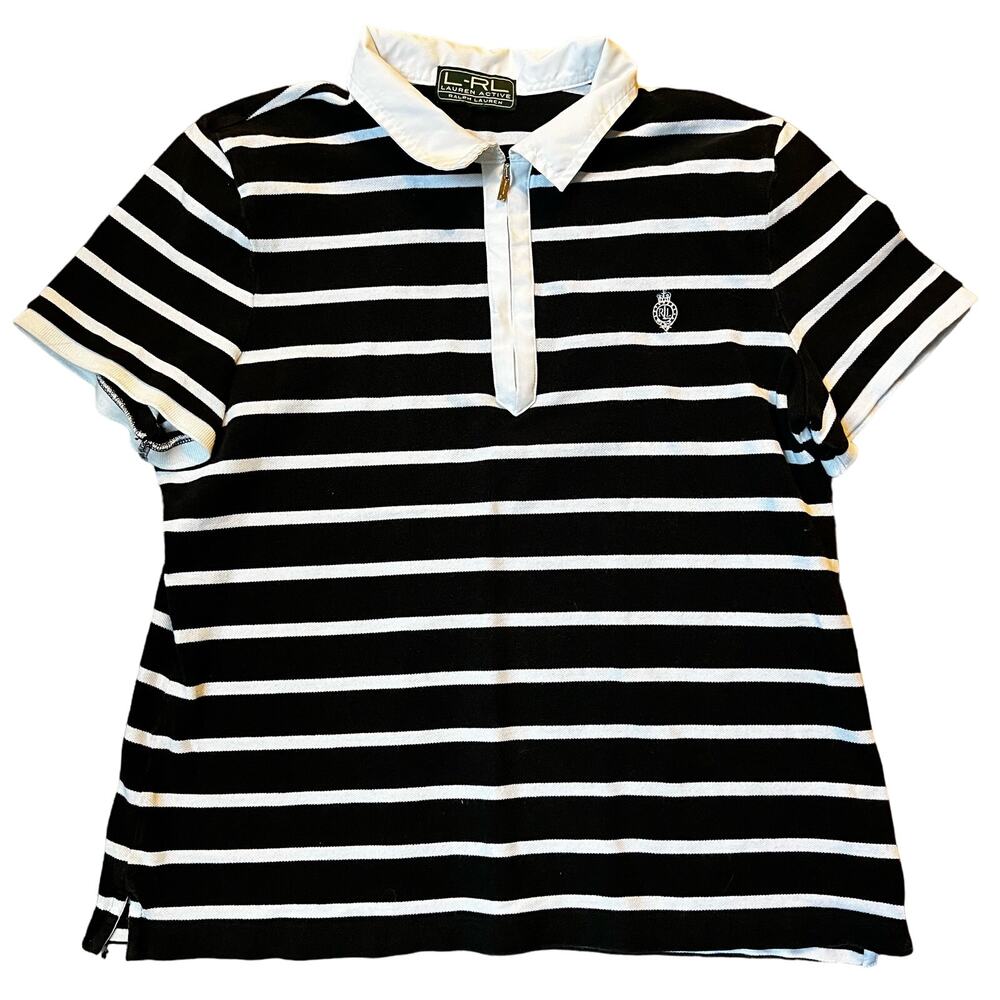 L-RL Lauren Active Women’s LG Black And White Striped Ralph Lauren Polo